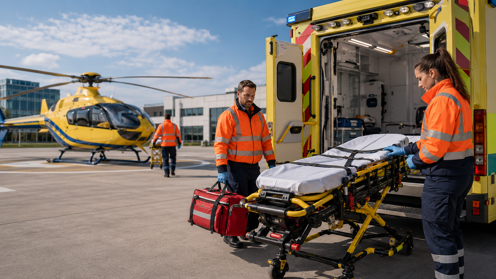 Emergency support team beside a non-branded ambulance and medical aircraft