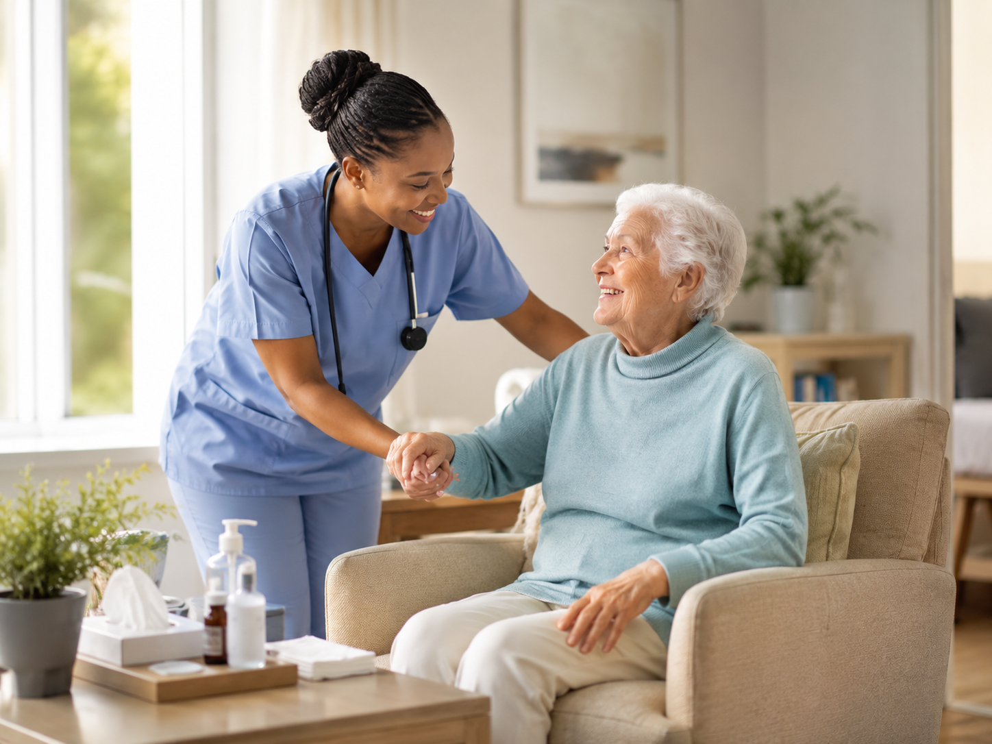 Care agency worker supporting an elderly person in a home care setting