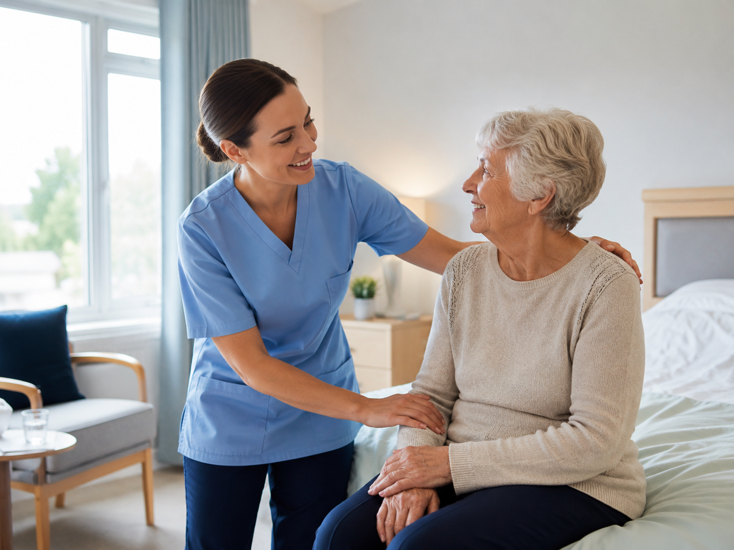Care provider supporting an elderly person in a bright care room