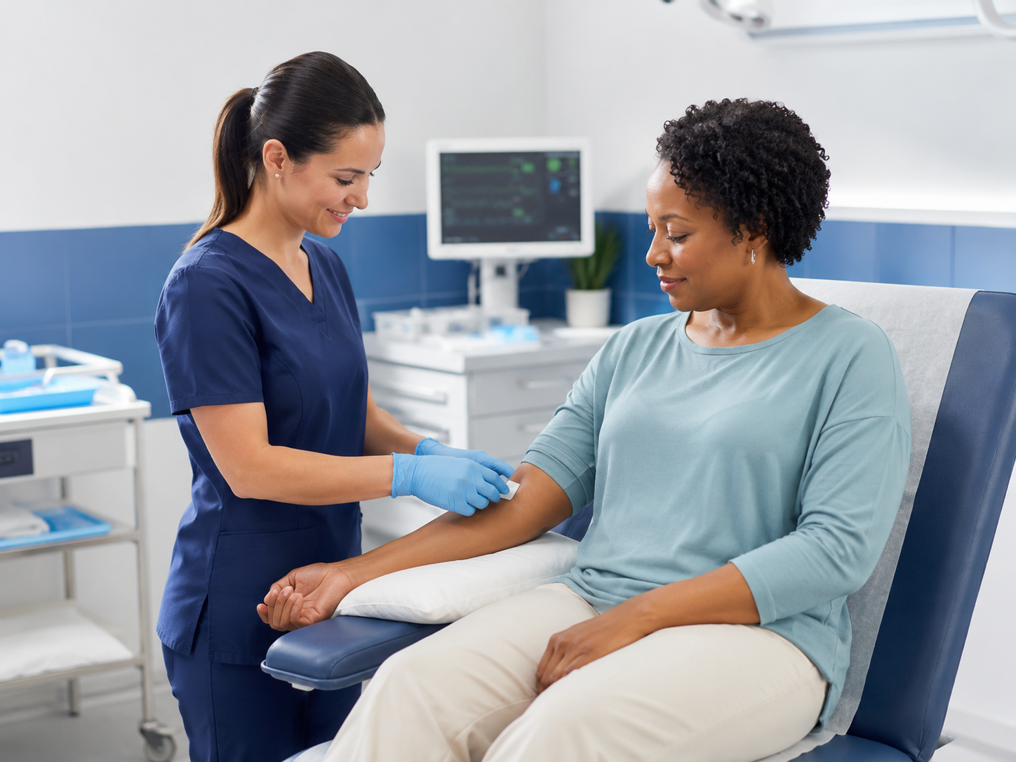 Healthcare professional supporting a patient in a clinical setting