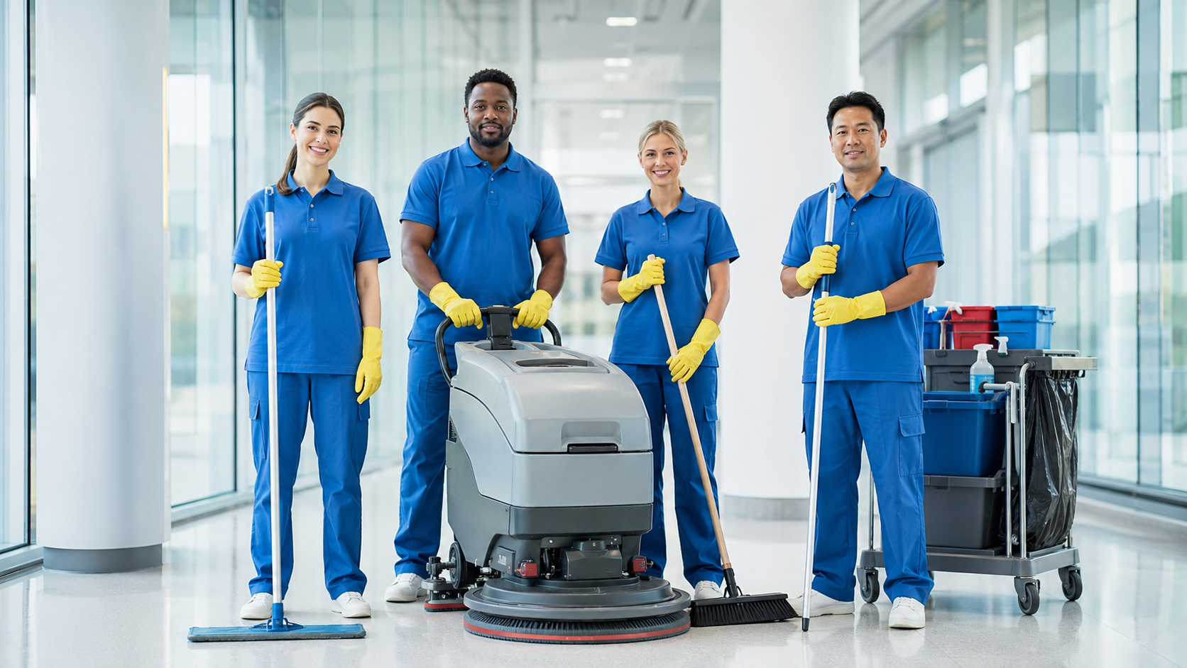 Professional cleaning team in a commercial building