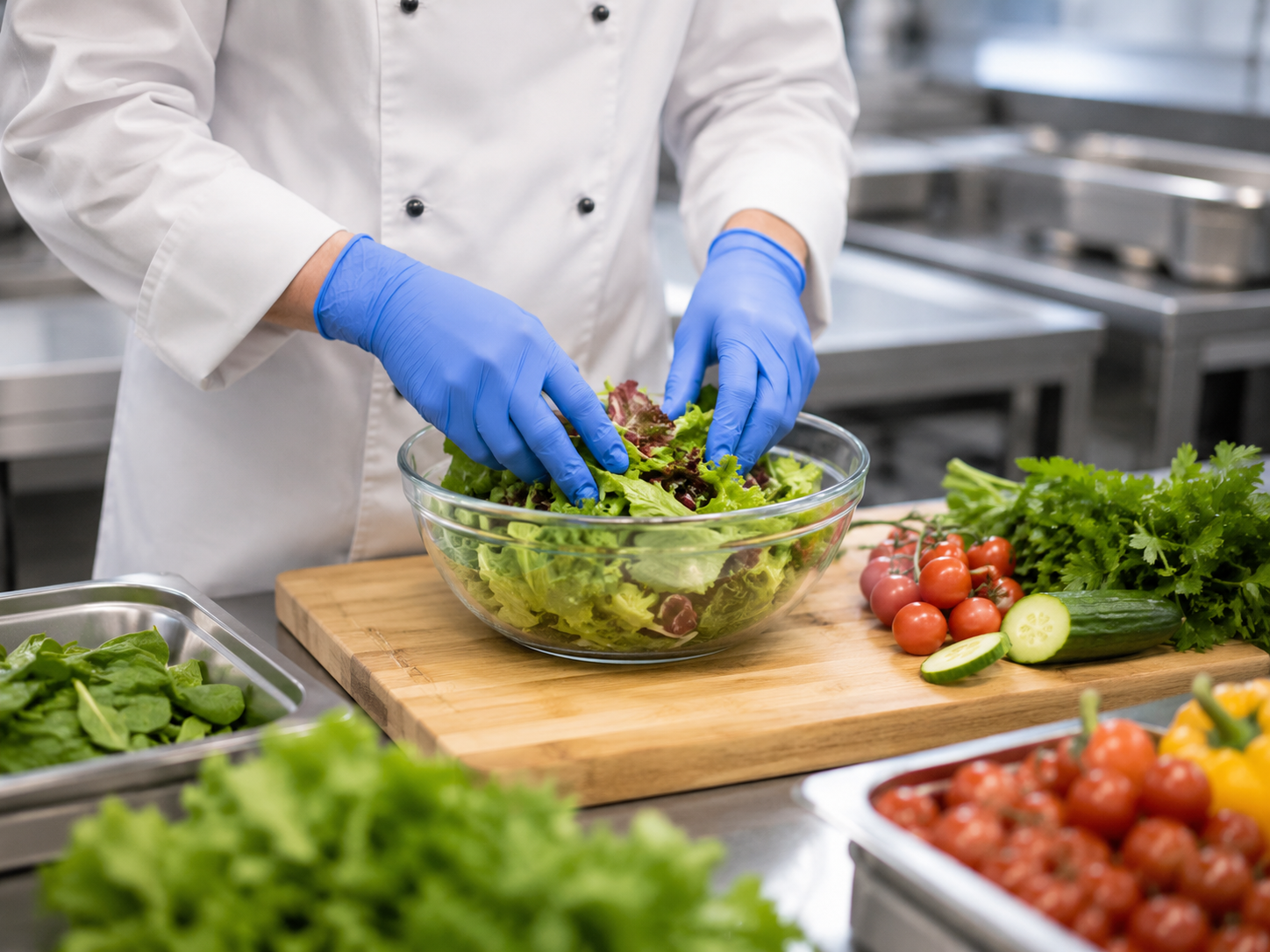 Food handler preparing fresh food while wearing Blue Gloves
