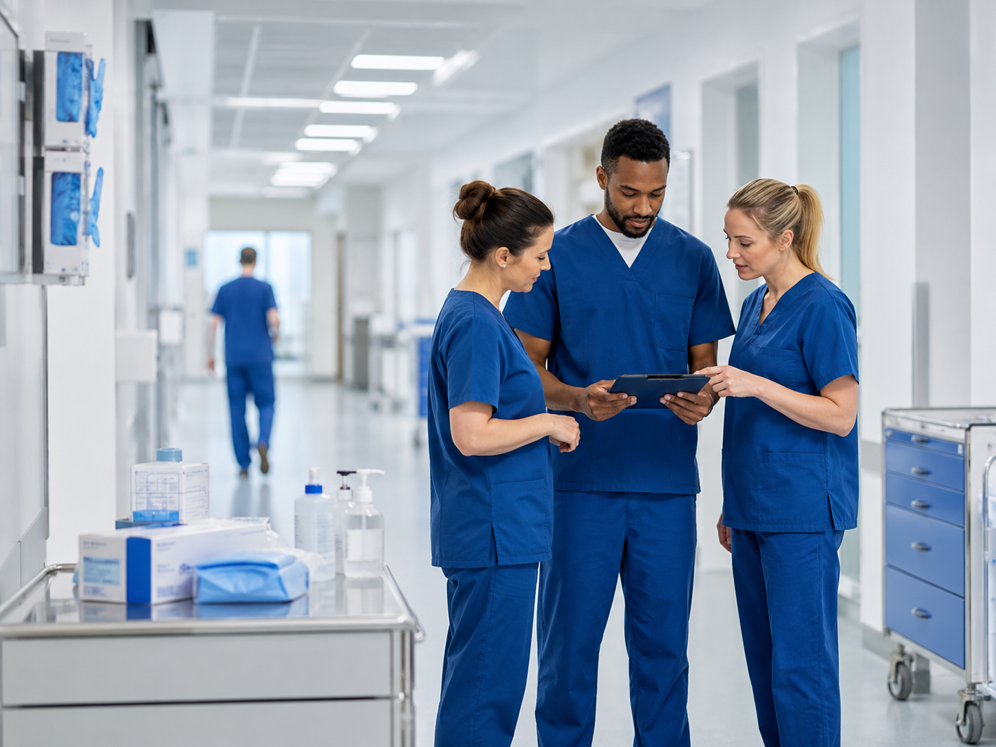 Healthcare staff reviewing information in a modern hospital corridor
