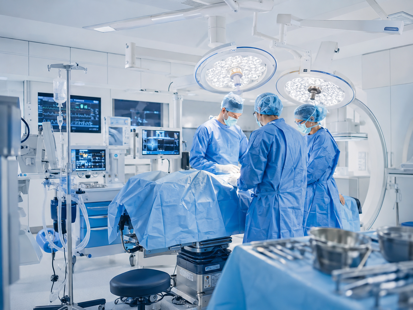 Private hospital surgical team in a clinical operating environment