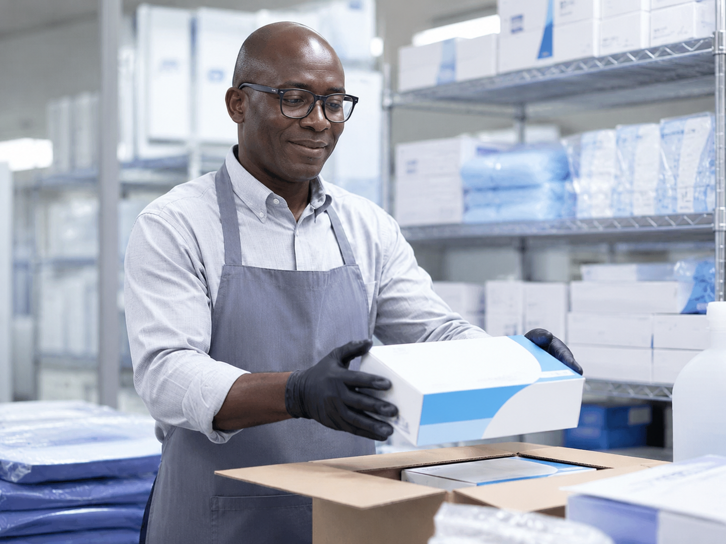 Procurement support worker handling medical supply stock